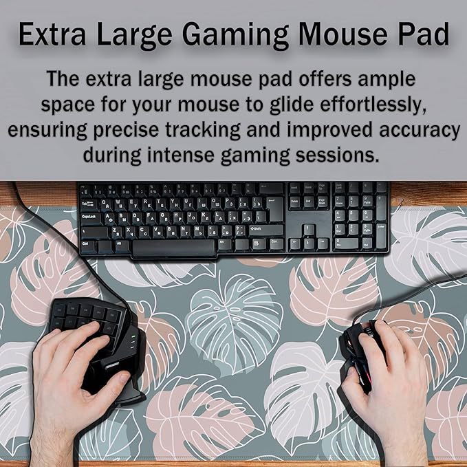Large Desk Mat Green, Gaming Mouse Pads Office Desk Pad, Keyboard Desk Mat Non-Slip Rubber Base Waterproof with Stitched Edges, 35.4 X 15.7 inch for Work/Game/Office/Home Tropical Monstera