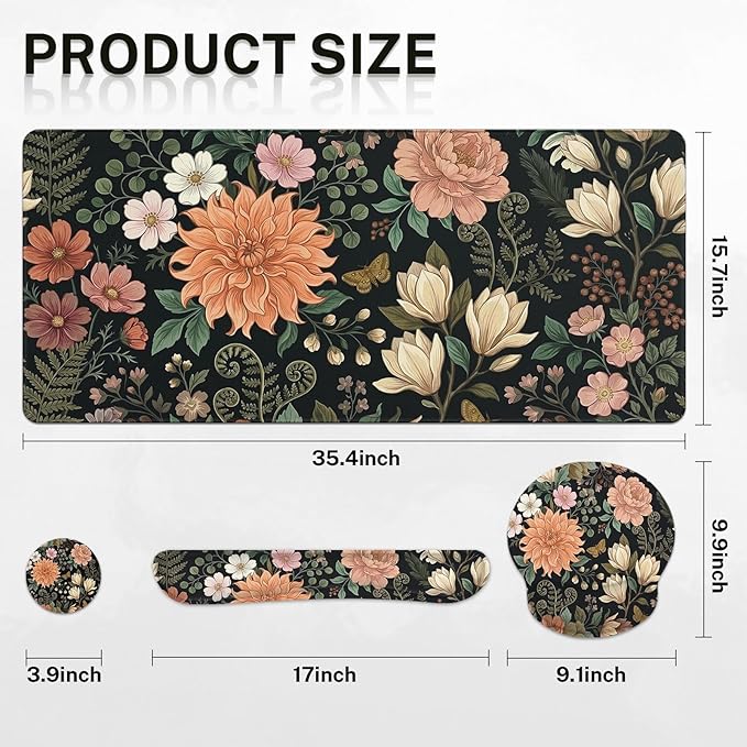 Arttown Spring Flower Desk Mat Leaves Floral Colorful Mouse Pad Set 4 in 1 Ergonomic Design Large Mousepad + Keyboard Wrist Rest + Mouse Wrist Rest + Coaster Suitable for Home Office Study Game
