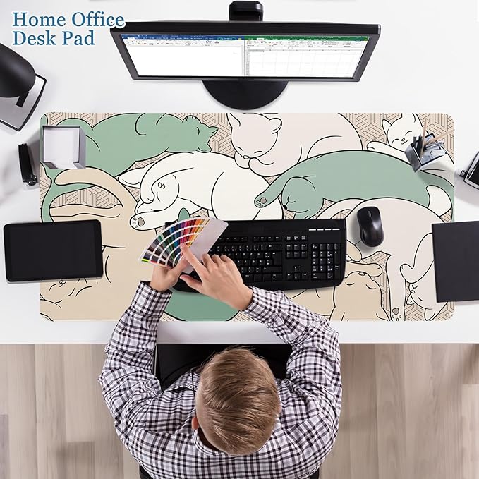 Desk Pad Cat, Desk Matt for Desktop, Cute Sleeping Cat Gaming Mouse Pad Extend XXL Large Desk Mat Anti-Slip Stitched Edges Waterproof Computer Laptop Keyboard Mat for Game, Home, Work, Office
