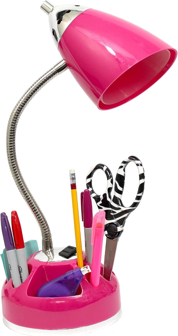 Simple Designs LD1015-PNK Flossy Organizer Desk Lamp with Charging Outlet and Lazy Susan Base, Pink