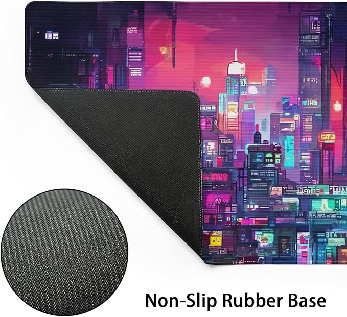 aportt Retro Japanese Anime Gaming Mouse Pad XXL Cool Dark Purple Red Vaporwave City Extended Large Desk Mat Big Mousepad Non-Slip Rubber Base Stitched Edge Long for Computer, 35.4x15.7 in