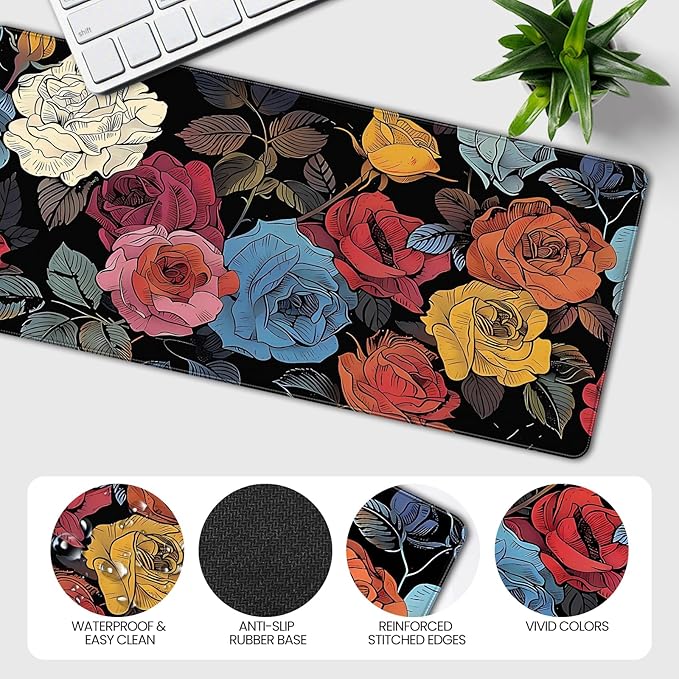 XXL Gaming Mouse Pad, Vintage Roses Floral Design, 35.4 x 15.7 Inches, Non-Slip Rubber Base, Microfiber Cloth, Extended Rectangular