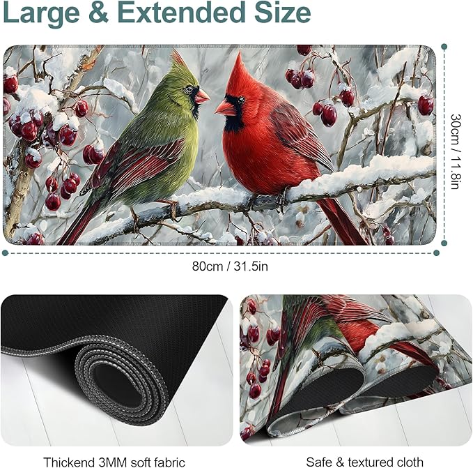 Christmas Bird Extended Gaming Mouse Pad 31.5x11.8inches Large Desk Mat Anti-Slip Rubber Base & Durable Stitched Edges for Gamers Smooth Mouse Writing Surface for Desk Office/Home