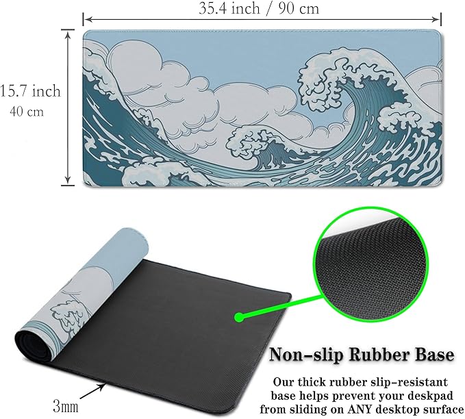 Big Mouse Pad Blue and White, Great Wave Desk Mouse Pads Office Desk Pads, Extra Large Gaming Mouse Pad Non-Slip Rubber Base Waterproof with Stitched Edges, 35.4 X 15.7 inch Japanese Wave
