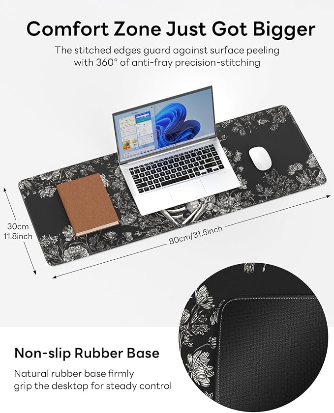 Skull Mouse Pad, 31.5 x 11.8 Large Desk Mat with Stitched Edges & Non-Slip Base, Mousepad for Office, Home, Work, Skull Cat
