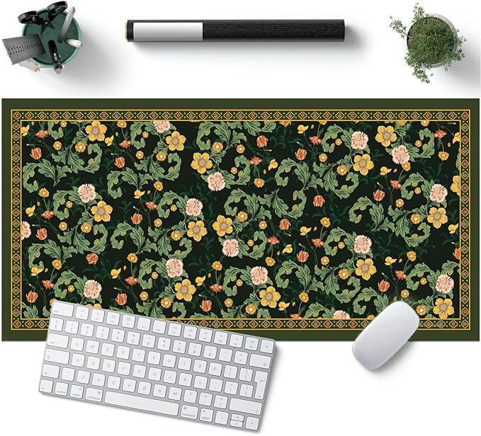 Desk Pad, ZAXOXAZ PU Leather Desk Pad Protector, 31.5" x 15.7" XXL Large Extended Flowers Mouse Pad, Big Desk Mat Floral Desk Blotter, Waterproof Desk Writing Pad for Office and Home(Green Flowers)