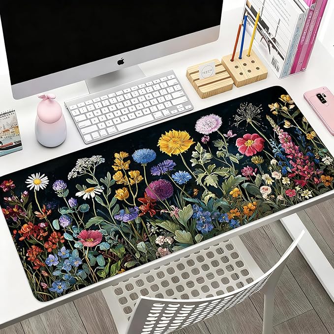 Desk Mat, XXL Extended Gaming Pad for Desktop, 35x16 Inches Dark Floral Art on Dark Background, Large Non-Slip Vegan Leather Keyboard Mouse Mat for Home Office
