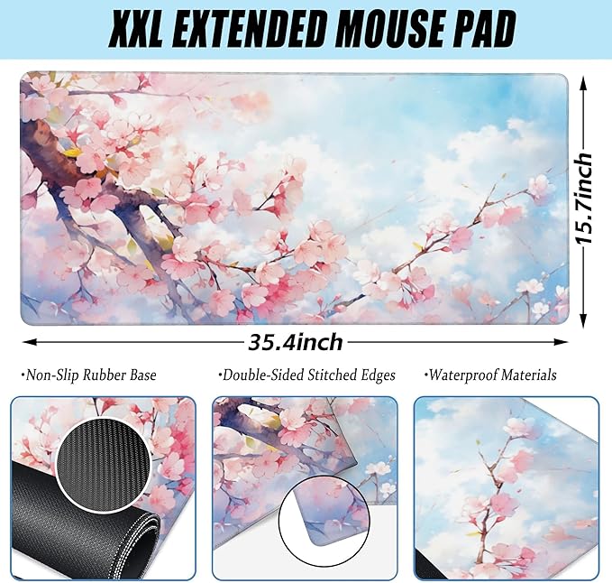 Large Gaming Mouse Pad for Desk,Cherry Blossom Tree Desk Mat for Desktop,Watercolor Floral Desk Pad, Extended Big Computer Keyboard Mouse Pad with Non-Slip Base Stitched Edges 35.4"x15.7"