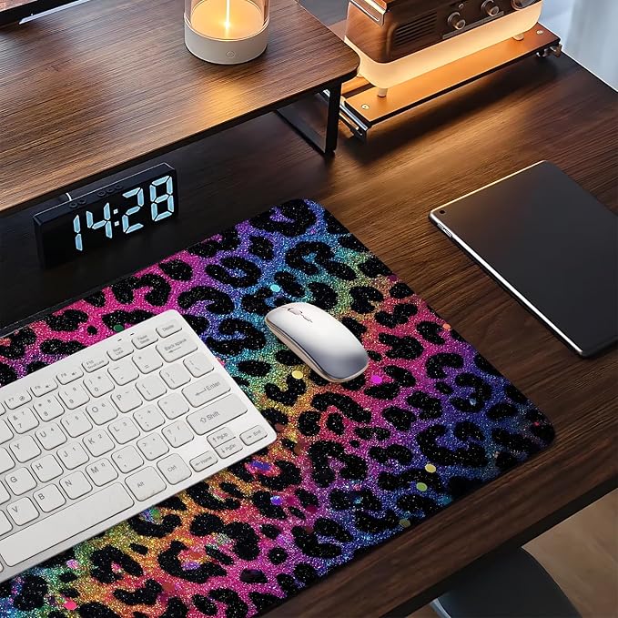 Large Mouse Pad & Keyboard Mat 35x16 Inches, Colorful Gradient Leopard Print Non-Slip Rubber Base Desk Mat, Large Extended Desk Protector for Home Office Gaming Setup