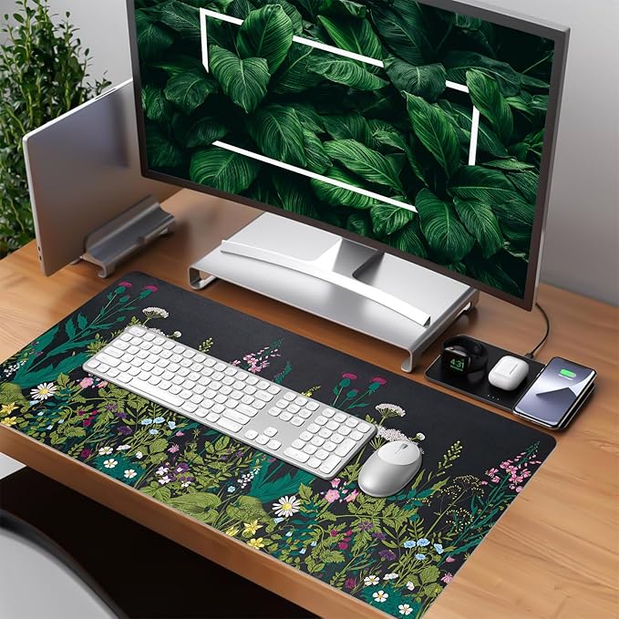 Bloss Green Desk Mat, Leather Desk Pad, Oil Painting Like Large Mouse Pad, Desk Pad Mat Waterproof, Computer Mat for Office Work/Home/Decor/Desk Protector(31.5 x 15.7 Inches)
