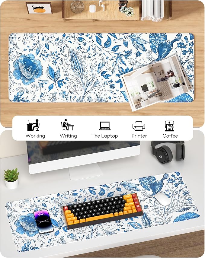 Floral Mouse Pad, 31.5 x 11.8 Large Desk Mat with Stitched Edges & Non-Slip Base, Mousepad for Office, Home, Work, Blue Flower
