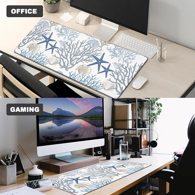 Nautical Coastal Gaming Mouse Pad,12x31.5in Non-Slip Rubber Beach Desk Mat,Large Extended Mousepad for Office Home Laptop,Mice Pads Gifts,Game Lover Deskmat Decor (Coral Starfish Seashell)
