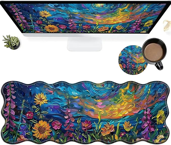 Vibrant Watercolor Flowers Large Gaming Mouse Pad Plus a Coaster, 31.5 x 11.8 inches Desk Mat Extended XL Mousepad with Stitched Edge Non-Slip Rubber, Desk Pad Computer Mouse Mat for Home Office