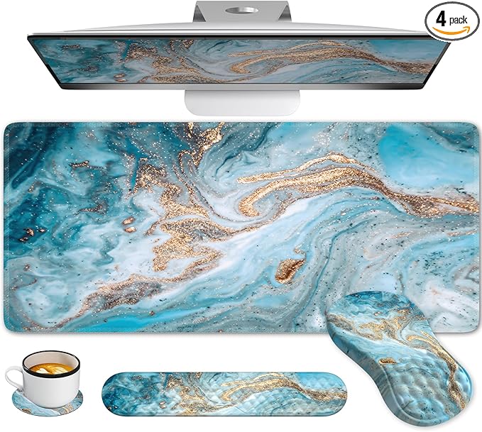 Desk Mat for Keyboard and Mouse, Large Mouse Pad with Wrist Rest and Keyboard Pad, 4PCS Keyboard Wrist Support, Computer Mousepad for Laptop, Teal Blue Turquoise Marble