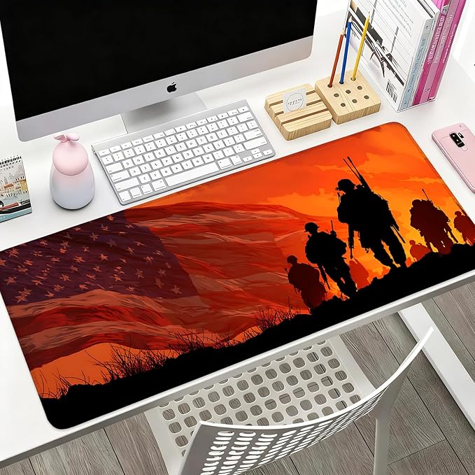 Desk Mat, XXL Extended Gaming Pad for Desktop, 35x16 Inches Patriotic Soldier Silhouette with Flag, Large Non-Slip Vegan Leather Surface Keyboard Mouse Mat for Home Office