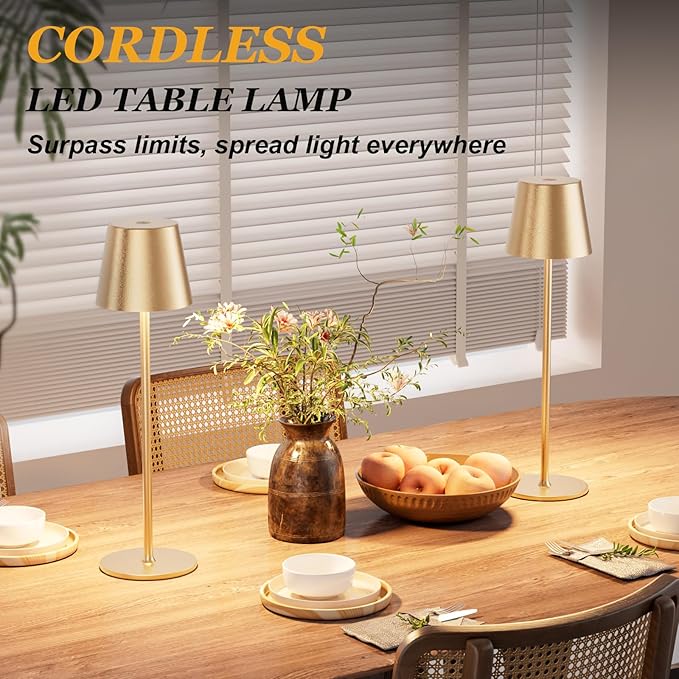 Kakanuo Cordless Table Lamp Rechargeable Gold - KK 4 Pack Battery Operated Lamp for Dining Table, 3 Color Stepless Dimming Waterproof LED Wireless Lamp for Counter, Outdoor Patio, Touch Control