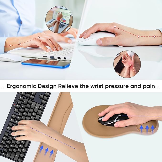 Wrist Rest Support for Mouse Pad Keyboard Set Circle Coaster Gaming Mouse Pad Ergonomic Gel Memory Foam Set for Computer, Laptop, Office, Comfortably Typing Brown KM-32