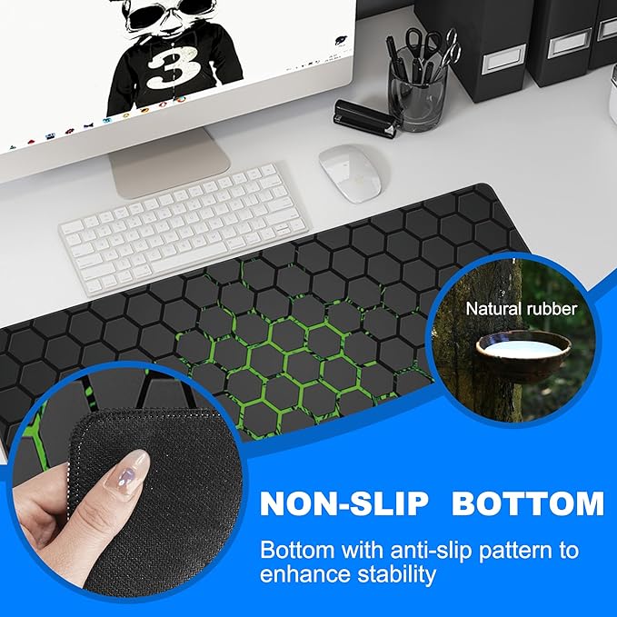 Desk Pad, Green Honeycomb Science Technology Extended Gaming Mouse Pad Large, 31.5"x11.8" Big Mouse Pad with Non-Slip Base and Stitched Edge, Long Computer Keyboard Mouse Mat for Home Office Work