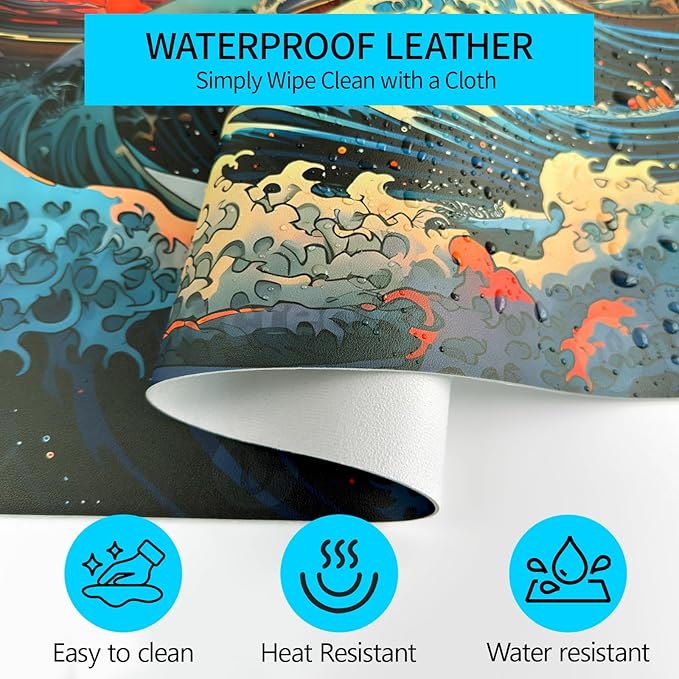 Japanese Sea Wave Desk Pad, Desk Matt for Desktop, Leather Mouse Pad, Waterproof Keyboard Mat, Non-Slip Computer Mat, Keyboard and Mouse Pad for Office Decor (31.5"x15.7")