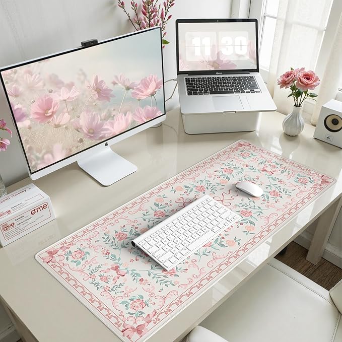 HAOCOO Pink Desk Mat for Keyboard and Mouse, Non-Slip Large Mouse Pad, Cute Bow Desk Matt for Desktop, Computer Mat with Edge Stitching for Office, Waterproof Desktop Protection