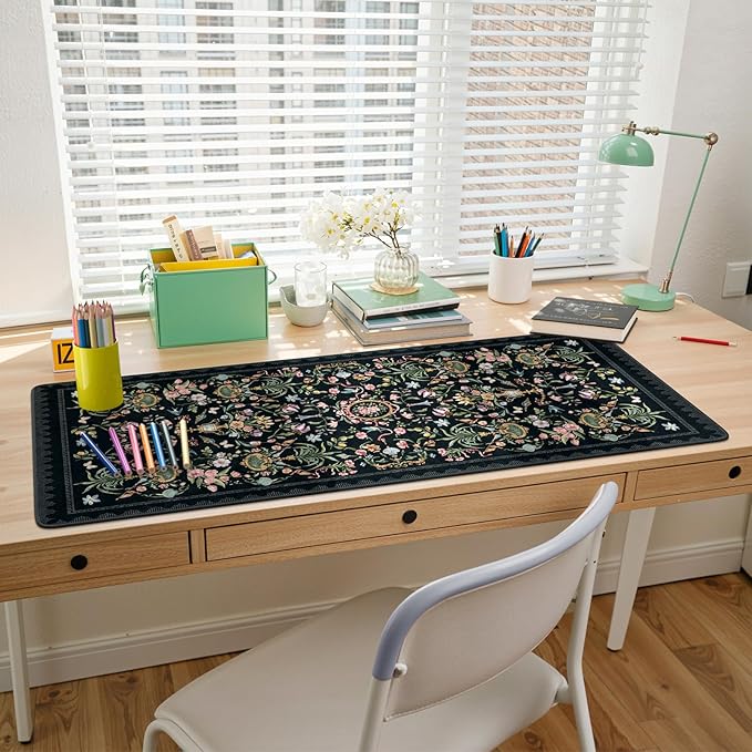 HAOCOO Elegant Floral Desk Mat, Vintage Aesthetic Mouse Pad Black, Flower Plant Extended Desk Cover Mat, 35.4" x 15.7" Non-Slip Computer Pad, Waterproof Desktop Protector for Office, Home, School