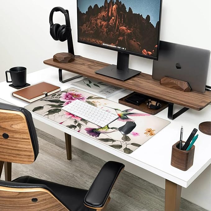 Desk Mat,Colibri and Pink Flowers Large Gaming Mouse Pad for Desk XXL,Birds and Floral Desk Pad,Extended Big Computer Keyboard Mouse Pad with Non-Slip Base and Stitched Edge 35.4"x15.7"