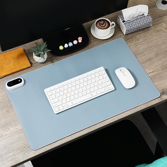 Konohan Heated Desk Pad Warm Mouse Pad, 5 Heating Level & 4 Hour Auto Shut-Off, PU Leather Warm Mouse Mat Heating Keyboard Gaming Mice Warmer Mat Only Supports 110v(Gray-Blue Color,23.6"x 14.2")