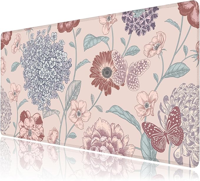 Desk Mat, Vintage Dark Flowers Butterfly XXL 35.4"x15.7"Large Gaming Mouse Pad, 3mm Thick Gaming Keyboard Pad,Desk Pad Non-Slip Rubber Base with Stitched Edges for Office Game Home Decor