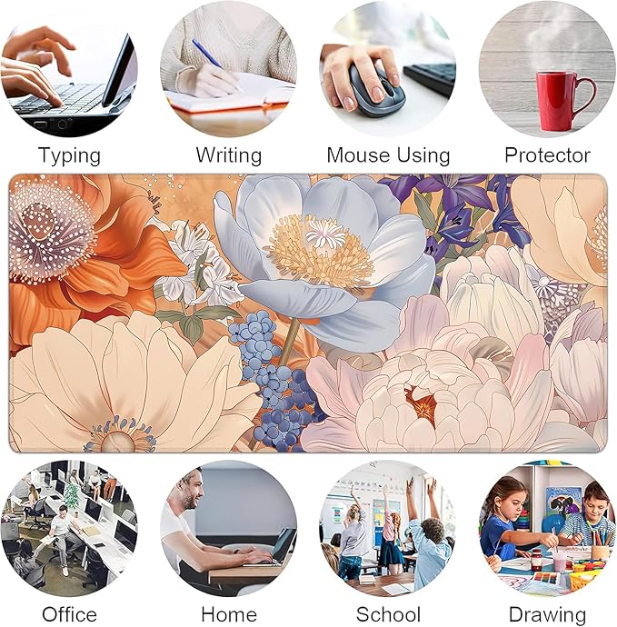 Desk Mat, Aesthetic Dark Flowers XXL 35.4"x15.7"Large Gaming Mouse Pad, 3mm Thick Gaming Keyboard Pad,Desk Pad Non-Slip Rubber Base with Stitched Edges for Office Game Home Decor