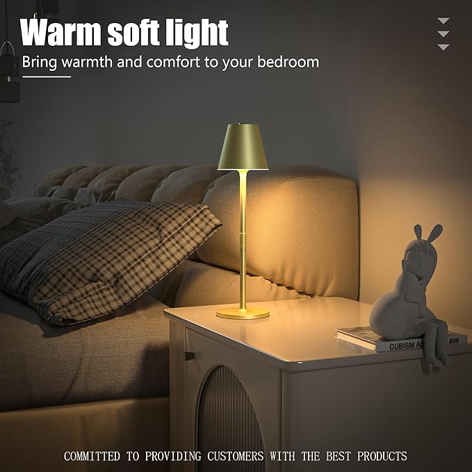 1-Pack Cordless Table Lamps - 5000mAh Rechargeable Battery Operated Desk Lamp, 3-Level Dimmable LED Night Light for Bedroom, Dining, Restaurant - Metal Design (Champagne Gold-1Pack)