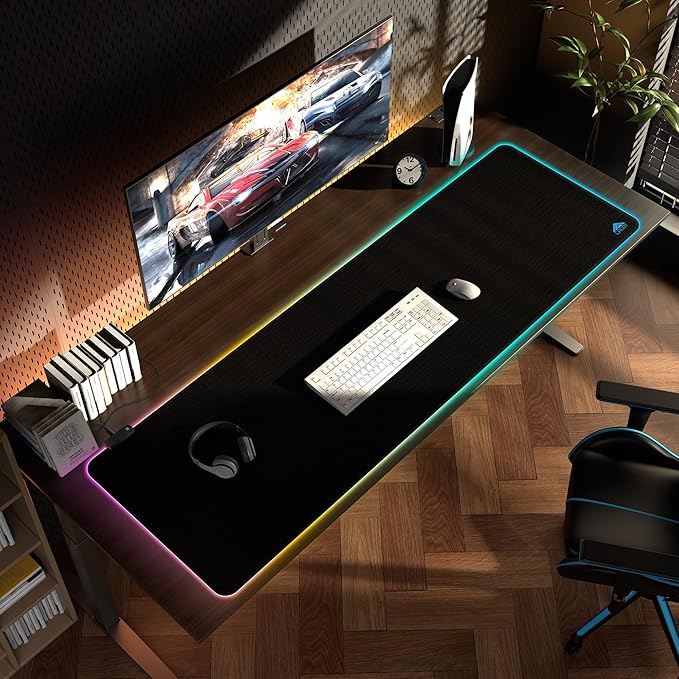 Cacoy 63" x 20" Large RGB Gaming Mouse Pad, Full Desk Extended Keyboard Mousepad with Stitched Edges, 9 Light Modes Desk Mat with Smooth Surface and Non-Slip Rubber Base, LED Computer Mouse Mat, Black