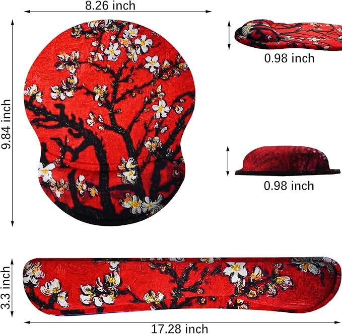 ArtSo Upgraded Wrist Rest Support for Mouse Pad & Keyboard, Ergonomic Gel Mousepad Non-Slip Rubber Base Home, Office Wrist Support, Easy Typing Cushion Neoprene, Soft Memory Foam, Red Van Gogh Painting
