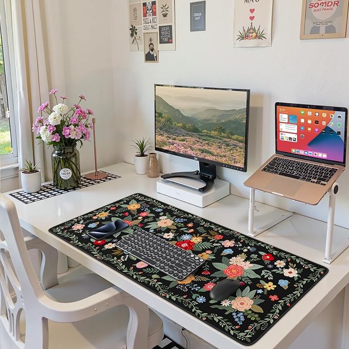 HAOCOO Floral Desk Pad for Keyboard and Mouse, Large Mouse Pad for Desk, Non-Slip Keyboard Mat, Computer Mats for Desk, Desk Pad with Stitched Edges for Office, Gaming(Black)