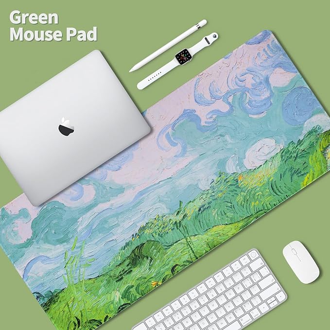 Bloss Green Mouse Pad with Wrist Support, XL Desk Mat for Desktop, Wrist Rest with Mouse and Keyboard Pad, Desk Pad Protector for Office and Home-Green Wheat Field(35.4 x 15.7 Inches)
