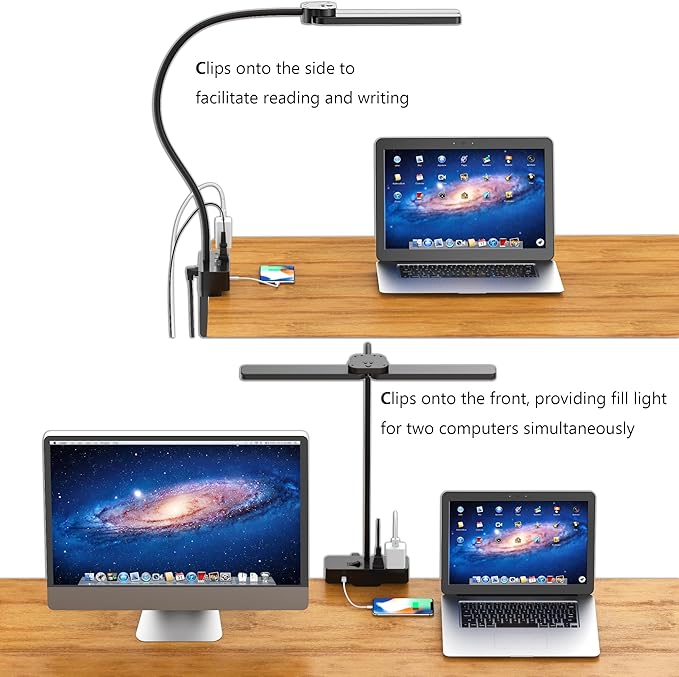 LED Desk Lamp for Home Office, Eye-Caring Clip-On Desk Light with Flexible Gooseneck, 2AC&1USB-C Charging Port, 3 Brightness & 3 Color Modes, Eye-Caring Table Lamp for Study, Reading and Dorm (Black)
