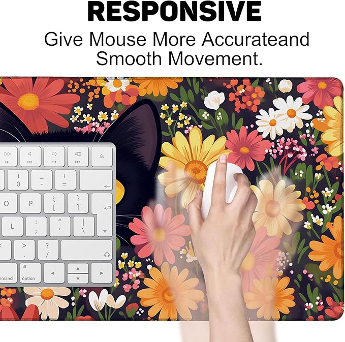 Large Mouse Pad 35.4x15.7 Inch Black Cat in Flowers Gaming Desk Mat with Non-Slip Rubber Base, Stitched Edges for Gaming,Office