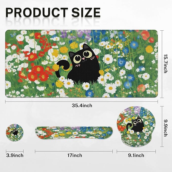 Arttown Red White Blue Flower Desk Mat Cute Black Cat Mouse Pad Set 4 in 1 Ergonomic Design Large Desk Pad + Keyboard Wrist Rest + Mouse Wrist Rest + Coaster Suitable for Home Office Study Game