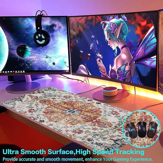 Large Gaming Mouse Pad for Desk,Boho Carpet Style Desk Mat for Desktop,Boho Rug Desk Pad,Extended Big Computer Keyboard Mouse Pad with Non-Slip Base and Stitched Edges 35.4"x15.7"