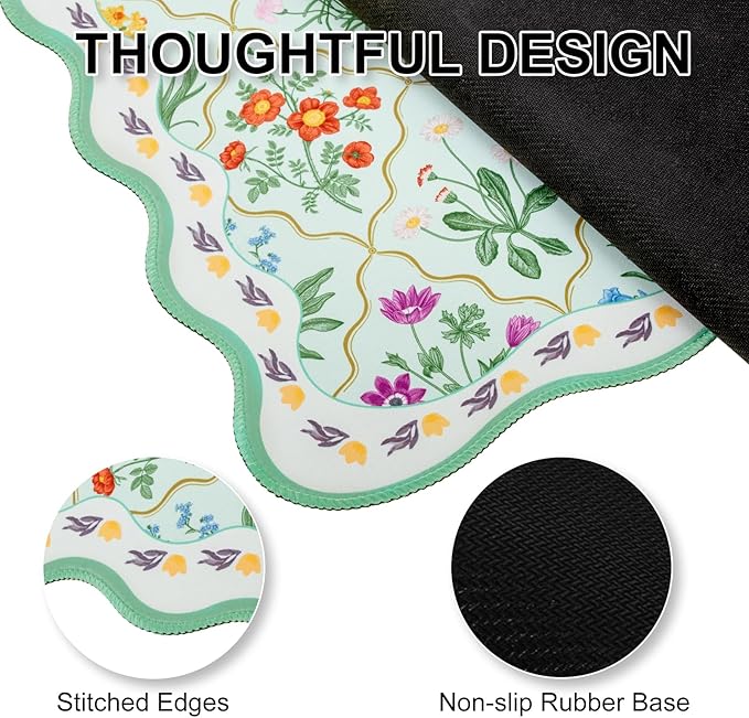 L-SPOUTTO Green Mouse Pad,Botanical Desk Mat XXL Large Scalloped Gaming Mousepad,35.4x15.7in Non-Slip Rubber Base Keyboard Pad Waterproof Desktop Mat for Laptop Computer Game Home Office-Flowers