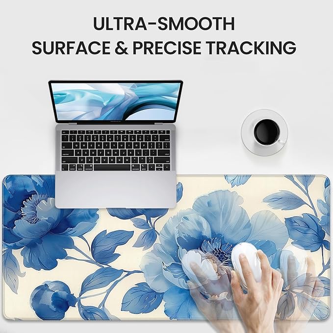 XXL Gaming Mouse Pad, Blue Floral Design, 35.4 x 15.7 Inches, Microfiber Cloth, Rectangular, Non-Slip Rubber Base