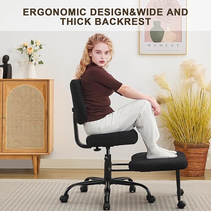 Ergonomic Criss Cross Legged Office Chair, ADHD Chair, Wide Height Adjustable Seat 360° Swivel Footstool with Wheels, Teddy Fabric Meditation Kneeling Chair, for The Restless Home Workers,Black