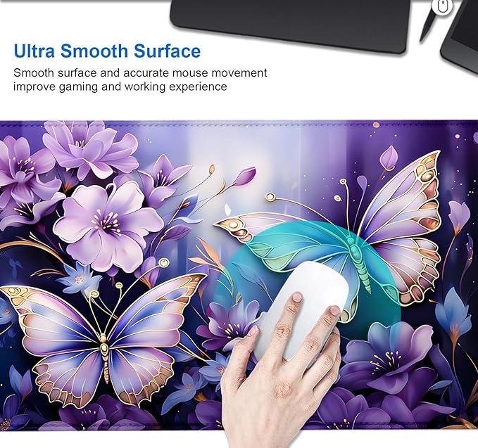 IMAYONDIA Gold Butterfly Desk Pad, Purple Flowers Large Mousepad, Floral Desk Mat, Modern Beutiful Extended Mouse Pads for Laptop, Computer Pad for Women Girls Office, 31.5x11.8 in