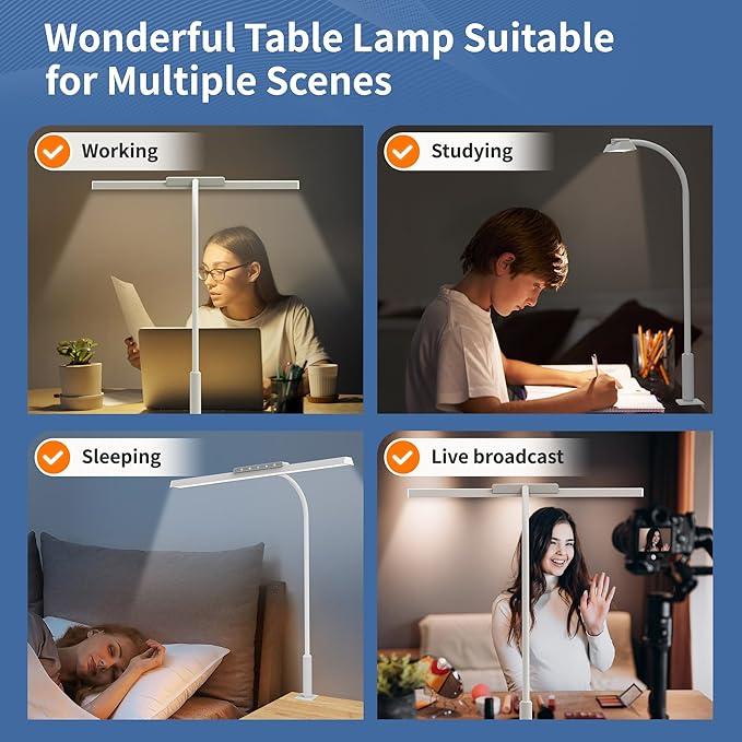 Desk Lamp, 3 Colors Stepless Dimming LED Desk Lamps for Home Office Adjustable Memory Desk Light with Clamp Touch Control Office Lamp Eye Caring Computer Light for Working Sewing(White)