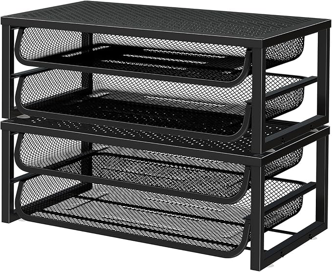 2 Pack Desk Organizer and Accessories, 2-Tier Metal Computer Monitor Stand Riser with Drawer, Desk Accessories & Workspace Organizers for Home Office Supplies, Black