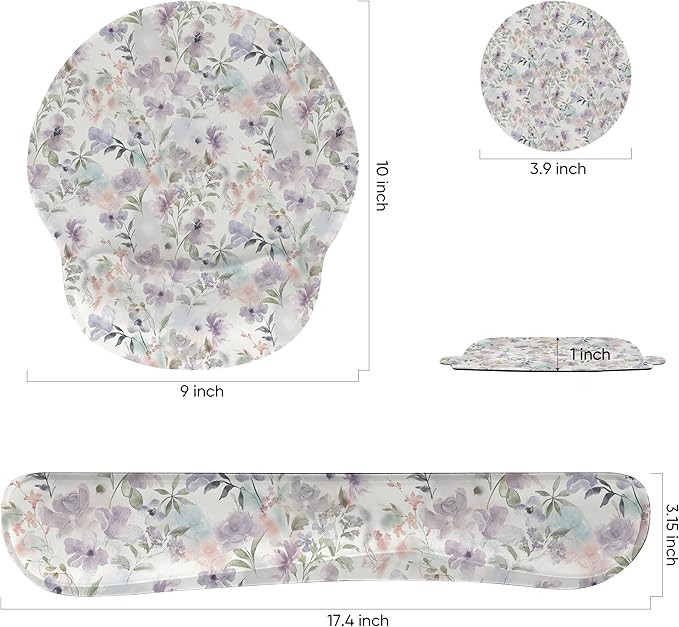 Ergonomic Keyboard Mouse Pad Wrist Rest Support Set for Laptop/Computer/Desktop,Memory Foam Hand Rest Wrist Cushion for Gaming/Office,Lightweight Comfortable (Purple Flowers)