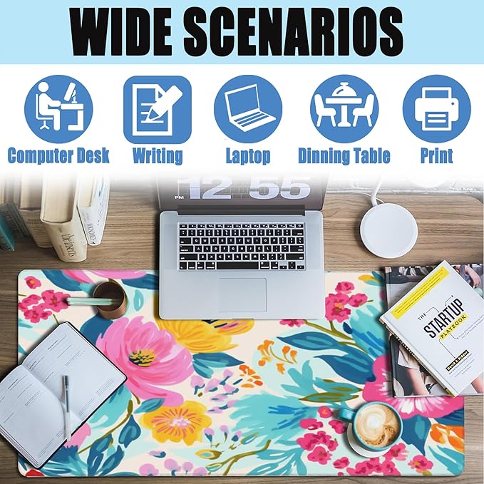 XXL Mouse Pad,Watercolor Floral Large Gaming Mouse Pad,Pink Rose Flowers Desk Mat for Desktop,Extended Big Computer Keyboard Desk Pad with Non-Slip Base and Stitched Edge 35.4"x15.7"