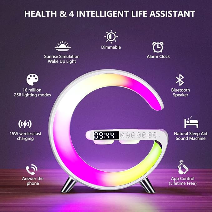 Wireless Charger Atmosphere Lamp, 2026 New Intelligent LED Table Lamp, Bluetooth Speaker, Dimmable Night Light Bedside Lamp Alarm Clock with Music Sync, App Control for Bedroom Home Decor Gift (White)