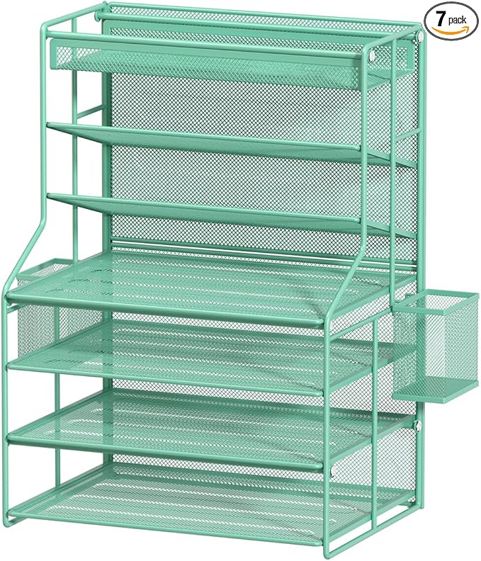 7 Tier Desk File Organizer,Metal Document Holder with Adjustable Shelves, Pull-Out Drawer & Removable Pen Holder for Office Organization,Green
