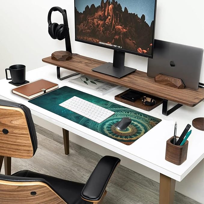 Large Gaming Mouse Pad for Desk,Retro Mandala Flower Desk Mat for Desktop,Mandala Floral Desk Pad, Extended Big Computer Keyboard Mouse Pad with Non-Slip Base and Stitched Edge 31.5"x11.8"