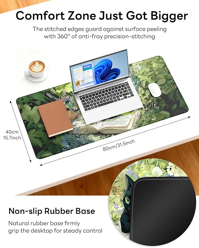 XL Gaming Mouse Pad, 31.5x15.7'' Large Desk Mat with Anti-Slip Rubber Base & Stitched Edges for Gaming, Office, Home, Reading Cat
